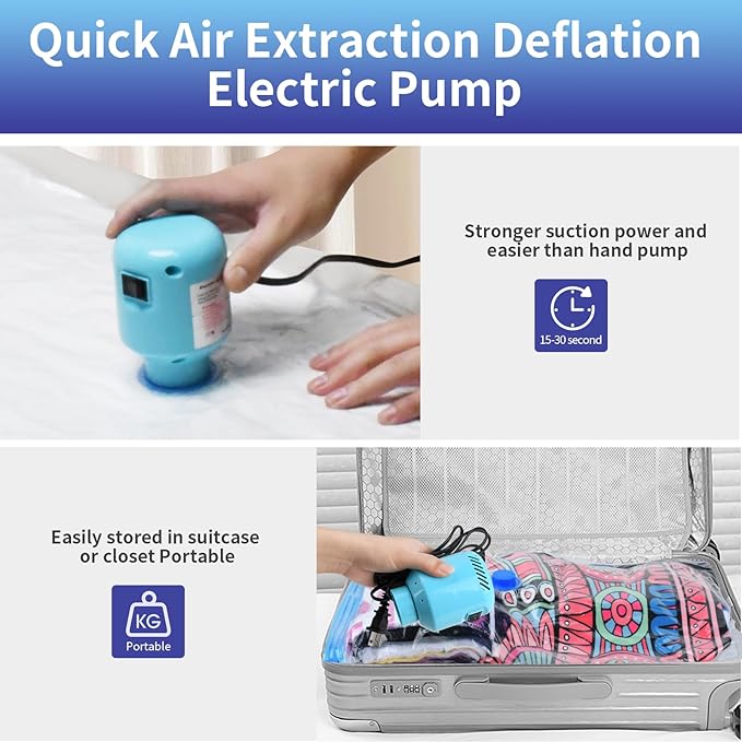 Electric Air Pump for Vacuum Storage Bags, Portable Travel Vacuum Pump Compressing Clothing Vacuum Seal Pump for Various Vacuum Seal Bags Blue(Storage Bag Not Included)