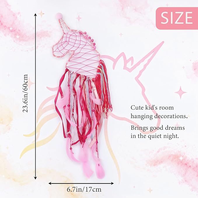 Pretty Jolly Unicorn Dream Catchers for Little Girls Bedroom Handmade Kids Dreamcatcher with Fluffy Pom Poms Feathers&Beads,Nursery Wall Decor for Toddler Girls Room,Children Birthday Gift(Pink)