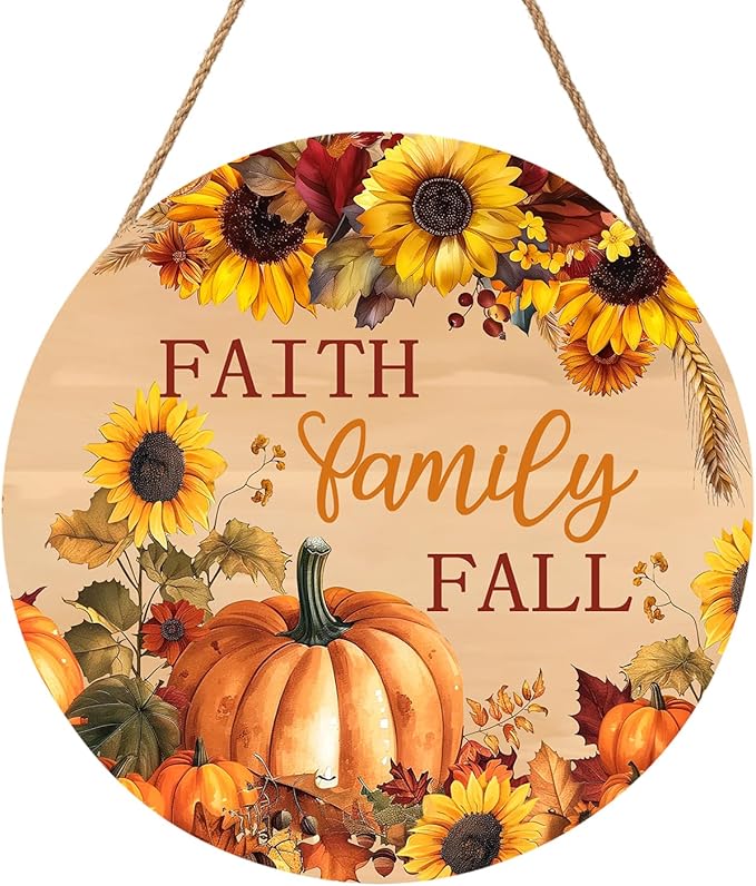Faith Family Fall Front Door Sign Fall Sunflower Pumpkin Door Decorations Wood Sign Autumn Harvest Wreath Door Hanger Farmhouse Fall Plaques Wall Hanging Decoration for Home Proch Yard 12"x12"