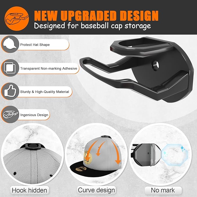 24 Pack Adhesive Hat Hooks for Wall, Strong Hat Rack for Baseball Caps, Minimalist Hat Organizer Display for Home Decor, Hat Hold Hanger for Wall, Door, Closet, No Drilling - USA Patented (Black)