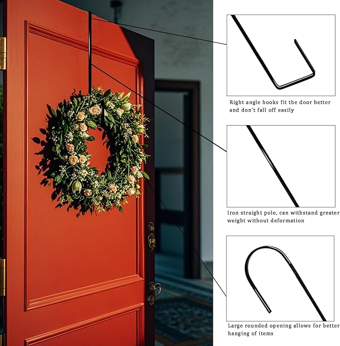 15" Wreath Hangers for Front Door,4 Pack Wreath Door Hanger,Non Scratch Over The Door Hooks Halloween Christmas Easter Decorations Welcome Sign for Front Door Décor, Slim Hangers (Black-4 Pack, 15 in)