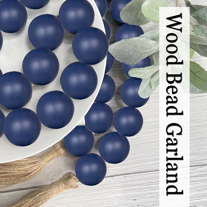 OMISHE 76" Long Extra Large Wood Bead Garland Navy Blue with 1.6" Diameter Wooden Beads and Tassels, Rustic Farmhouse Country Decorative Beads for Home Decor Tiered Tray Decor, Navy Blue