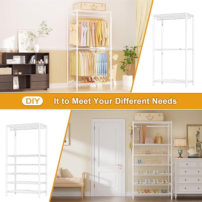 Ulif E13 Pro Heavy Duty Clothes Rack（With 4 Hanger Rods & 8 Shelves） Freestanding Clothing Racks for Hanging Clothes，Adjustable Closet，Metal Garment Rack 75" W x16 D x77 H，Max Load 1000LBS，White