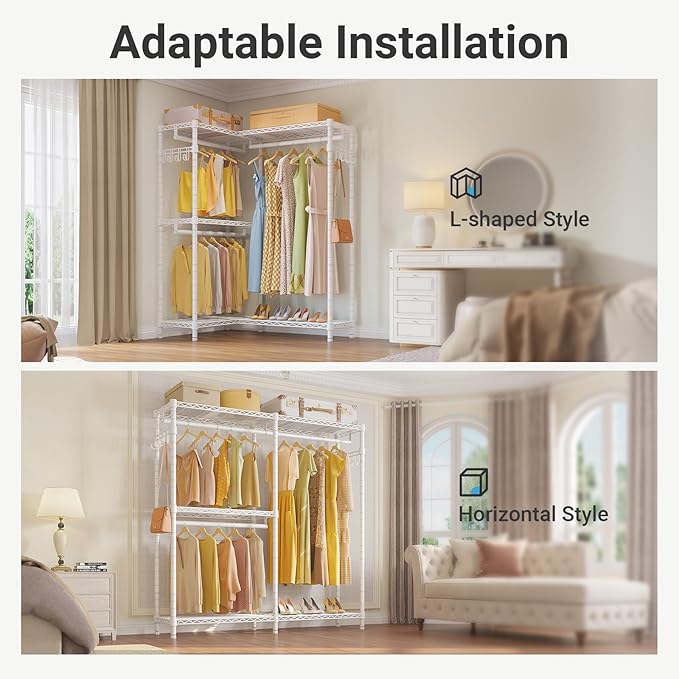 VIPEK L4 Garment Rack L Shaped Clothes Rack for Corner, Freestanding Portable Wardrobe Closet Heavy Duty Clothing Rack with 3 Hanging Rods & 2 Side Hooks, 43.3"Lx29.1"Wx76.4"H, Max Load 810LBS, White