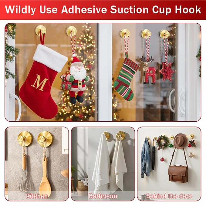 4 Pack Suction Cup Wreath Hanger, 2025 New No Drill Suction Cup Hooks for Door Wreaths, Reusable Holder for Glass Window, Door, Fall, Halloween, Christmas, Welcome Sign(Gold)