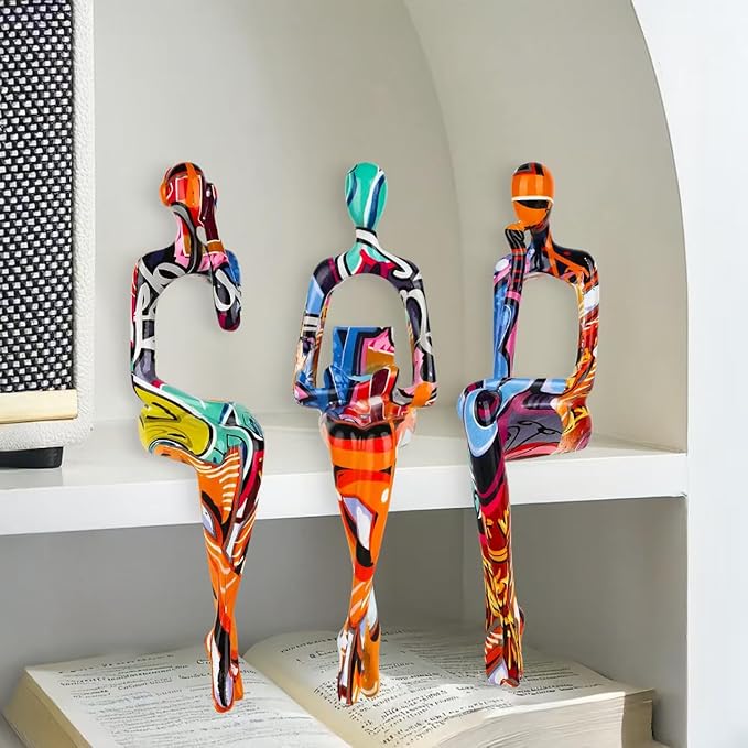 3-Piece Graffiti Abstract Women Thinker Sculptures, Colorful Resin Modern Art Figurines for Home Living Room Office Shelf Table Desk Bookshelf Decor