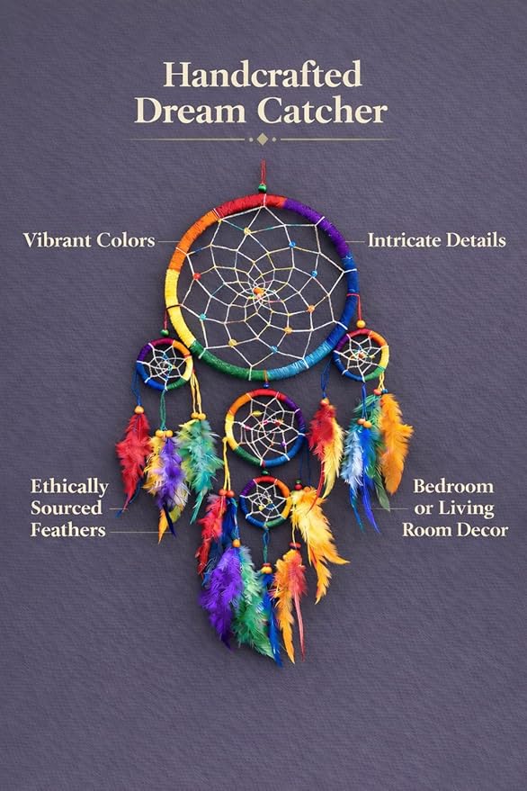 OMA Rainbow Chakra Dream Catcher Wall Decor – Handcrafted Dream Catcher with Multicolor Tie Dye Feathers for Bedroom, Living Room, Dorms & Gift – 7" Diameter x 22" Long