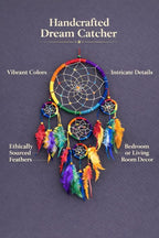 OMA Rainbow Chakra Dream Catcher Wall Decor – Handcrafted Dream Catcher with Multicolor Tie Dye Feathers for Bedroom, Living Room, Dorms & Gift – 7" Diameter x 22" Long
