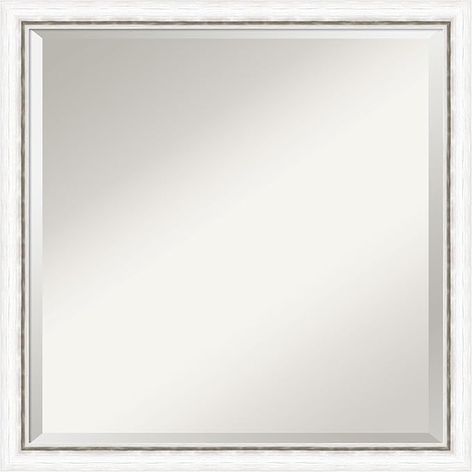 Amanti Art White Wall Mirror 22x22 Morgan White Silver Square Bathroom Mirror for Wall Decor Living Room, Medium Modern Wood Frame, Hangs Horizonally and Vertically, Bathroom Decor, Beveled Edge