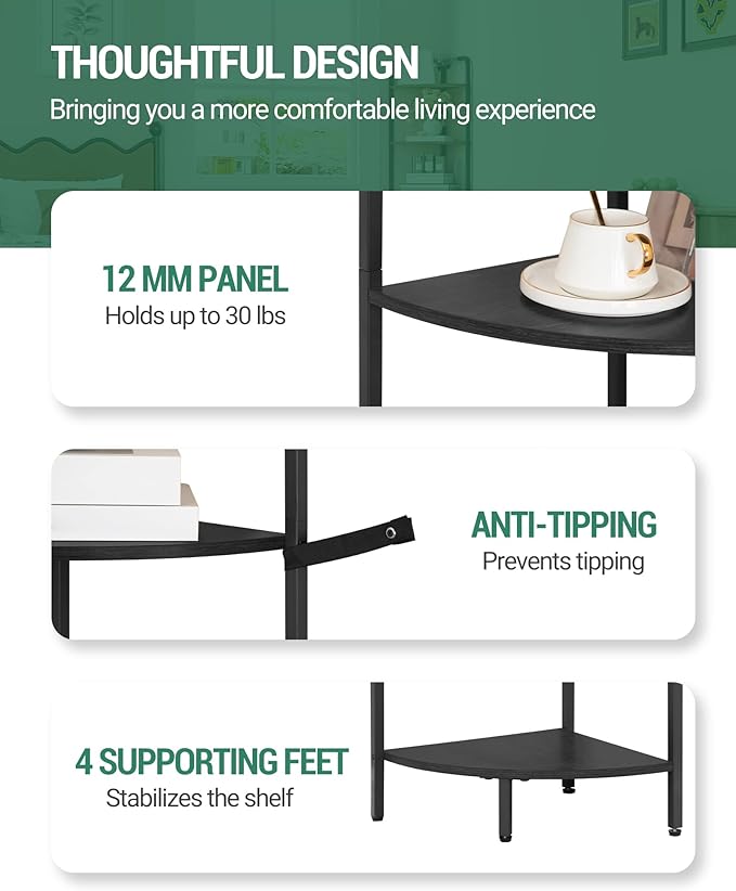 Hzuaneri Corner Shelf Stand, Corner Bookshelf, Plant Shelf, Corner Display Rack, Standing Shelf with Metal Frame for Living Room, Bathroom, Kitchen, Industrial Style, 6 Tier Black CS06604B