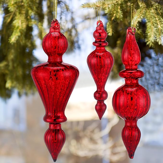 Mifoci 8 Pcs 6 Inch Mercury Glass Finial Christmas Ornaments Hanging Christmas Finials Glass Ornaments Assorted Mercury Decor for Vintage Holiday Xmas Tree Decoration(Red)