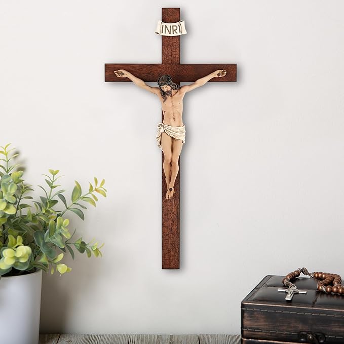 Crucifix Wall Cross - 14 Inch Olive Wood Wall Crucifix, Hand Painted Resin Jesus on Wooden Crucifix Catholic Home Decor Housewarming Religious Gifts