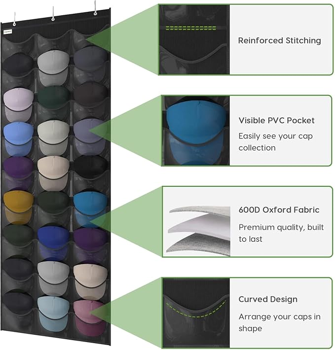 Unjumbly Baseball Hat Rack, 27 Pocket Over-The-Door Hat Organizer with Clear Deep Pockets to Display Baseball Caps Collection, Complete with 3 Over Door Hooks (Black, 27 Pockets)