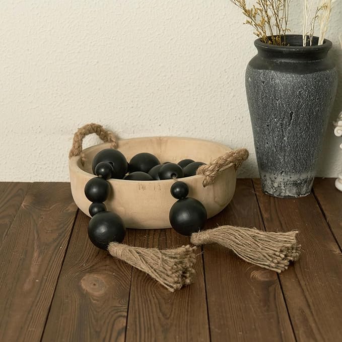 2" Extra Large Wood Bead Garland with Tassels, 44" Long Rustic Farmhouse Wooden Beads Garland, Decorative Beads Boho Decorations for Home Table Mantle Black