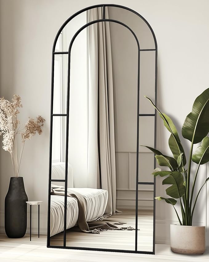 Antok 76" x 34" Full Length Mirror, Floor Mirror Arched Window Decorative Mirror, Metal Framed Decor Farmhouse Floor Mirrors Art Pane Mirrors Wall Decor for Bedroom, Living Room, Entryway Bronwn