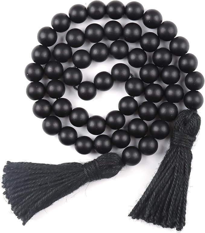 RAMIRABI Wood Beads Garland with Tassels Farmhouse Rustic Prayer Boho Beads for Boho Home Decor, Wall Hanging Decoration (Black)