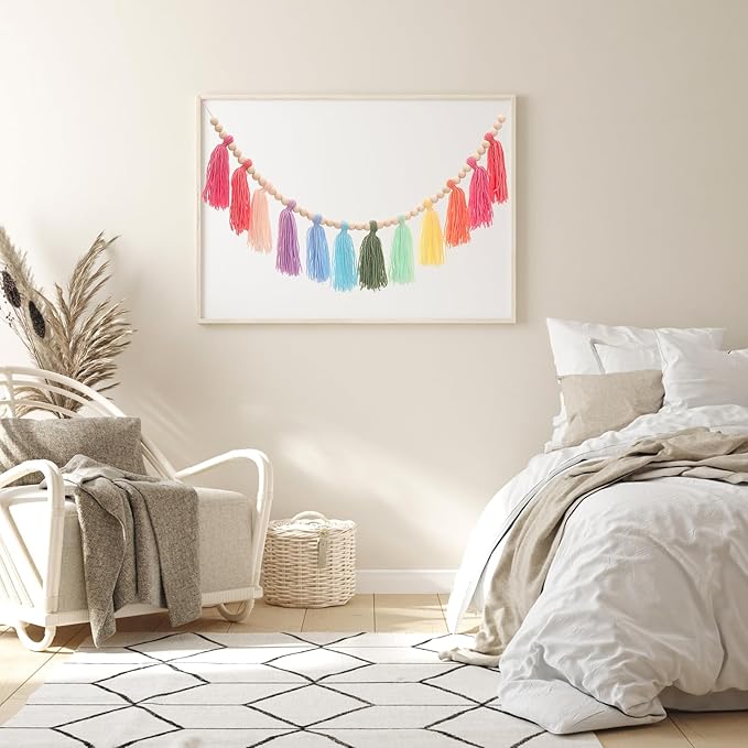 Colorful Tassel Garland Yarn Bunting Banner with Wood Bead for Kids Nursery Room Bedroom Wall Hanging Decor Birthday Party Baby Shower Wedding Decor