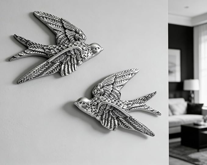 AMOIENSIS Bird Wall Sculpture Art, (Set of 2) 4¾ inch Resin Metallic Silver Bird 3D Sculpted Floating Hanging Wall Sculpture Decoration