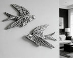AMOIENSIS Bird Wall Sculpture Art, (Set of 2) 4¾ inch Resin Metallic Silver Bird 3D Sculpted Floating Hanging Wall Sculpture Decoration