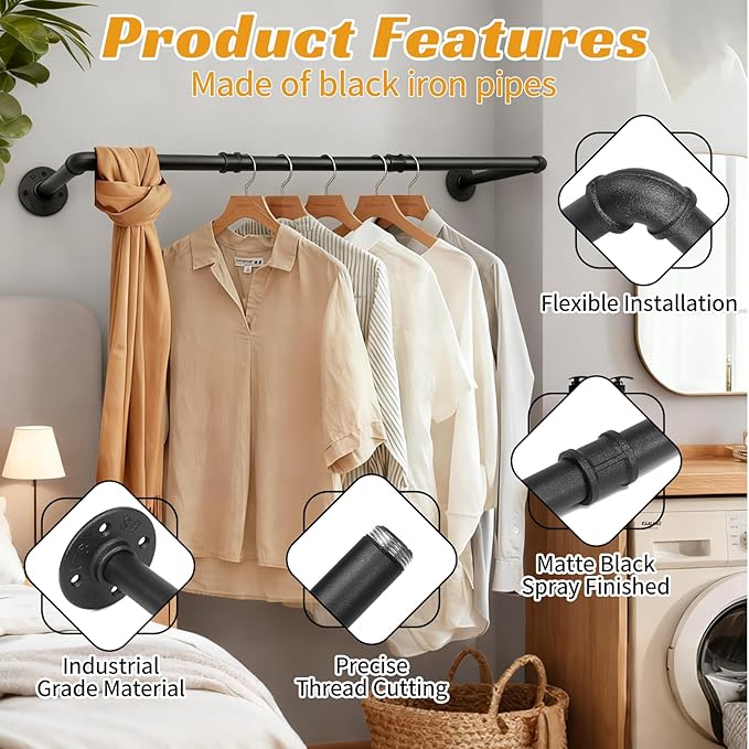 50 INCH Clothes Rack Wall Mounted, Industrial Pipe Garment Rack, Multi-Purpose Clothing Rod for Closet, Laundry Room, Retail Display, Black