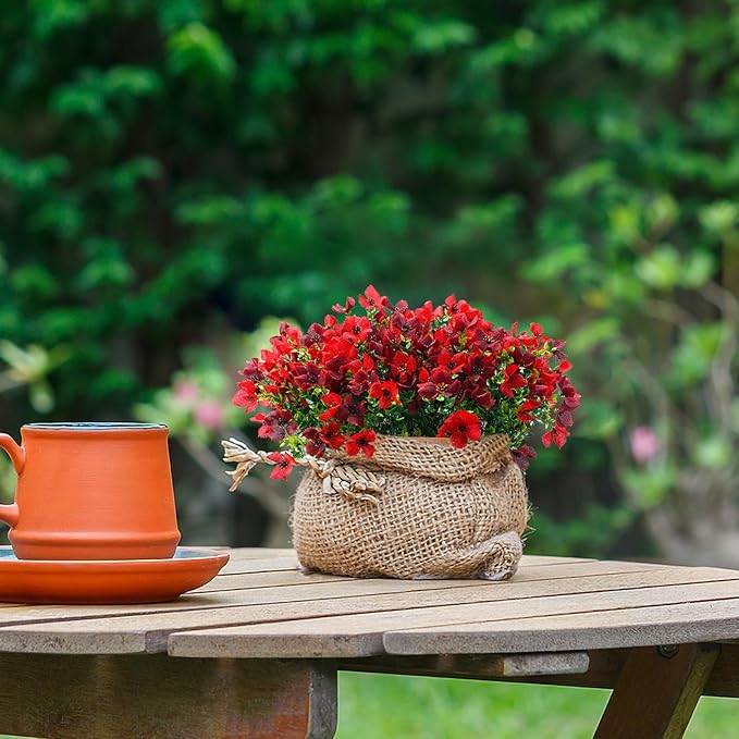 Artificial Faux Plants Flowers Outdoor Spring Summer Decoration, 12 Bundles Fake Silk Colorful Daisy Eucalyptus Realistic UV Resistant for Outside Home Planter Porch Patio Yard Decor (Red Brown)