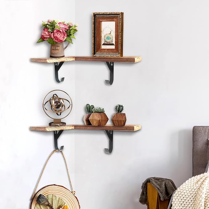 HAO Floating Corner Wall Shelves Rustic Wood Mounted Shelving L Shape Shelf with Cable Wire Hole Pattern for Bedroom Living Room Bathroom Carbonized Black 16 Inch Set of 2