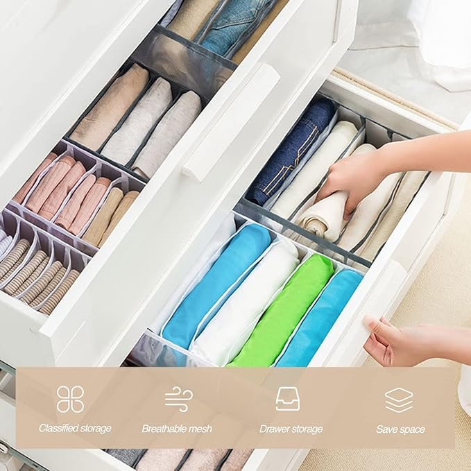 Wardrobe Clothes Organizer, 7 Grids Washable Portable Closet Organizer Mesh Separation Storage Box Foldable Closet Drawer Organizer for Underwear, Socks, Scarves, Jeans (Grey, 2 Jeans Grid)
