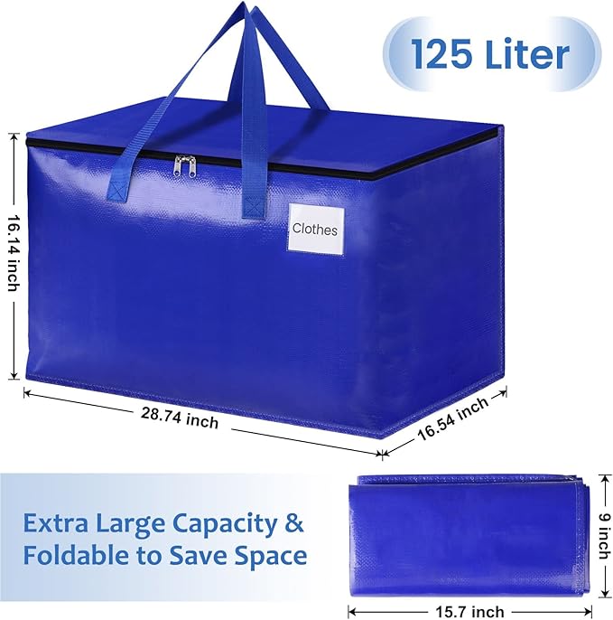 Moving Bags, Storage Bags with Sturdy Handles and Heavy Duty Zippers, Storage Totes for Space Saving, Moving & Storage, Collapsible Moving Supplies(125L, 8-Pack, Blue)