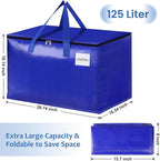 Moving Bags, Storage Bags with Sturdy Handles and Heavy Duty Zippers, Storage Totes for Space Saving, Moving & Storage, Collapsible Moving Supplies(125L, 4-Pack, Blue)