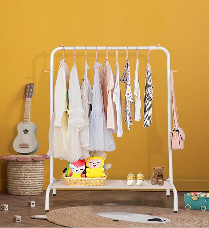 Kids Clothing Rack - Garment Rack with Bottom Storage Shelf for Children, Small Baby, & Toddler, Clothes Organizer, Shirts, Dresser, Hat, Backpack, Bedroom, White