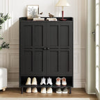 Black 7+1 Tier Farmhouse Shoe Storage Cabinet - 45" Tall Entryway Organizer with Cross Molding Doors, 3 Adjustable Shelves & Metal Legs, Shoe Rack for Front Door Entrance