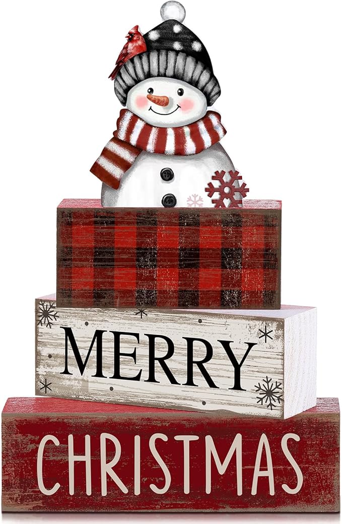 Lineshading 4 Pcs Christmas Table Decoration Wooden Snowman Decor Christmas Tiered Tray Decor Red Buffalo Plaid Block Signs Snowman Table Centerpiece Farmhouse Winter Decoration for Home Kitchen Shelf