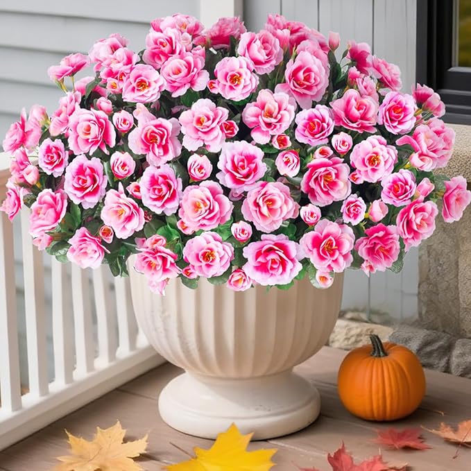 HyeFlora Artificial Faux Outdoor Flowers Plants for Spring Summer Decoration, Fake Silk Camellia UV Resistant Look Real for Planter Outside Front Door Porch Patio Balcony, 3 Large Bundles