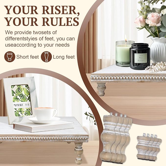 MAONAME Wood Display Risers Decorative Tray Set of 3, Farmhouse Pedestal Stand for Display Home Decor, Vintage White Beaded Wooden Tray for Kitchen Counter, Short and Tall Footed