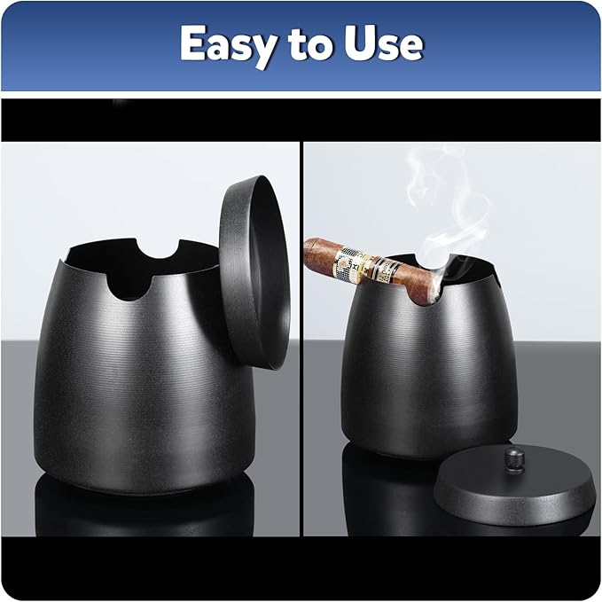 Cigar Ashtray with Lid for Outdoors Indoors Outside Patio Home Black Decor,Large Holder Ash tray Windproof,Cigar Accessories Gift for Men Dad Husband Boyfriend (Large)