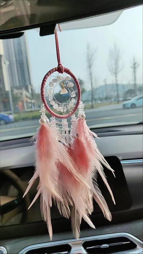 Dream Catchers for Cars,Boho car Decor,Small Feather Dream Catcher Hanging Car Deco Accessories for Women (Pink)