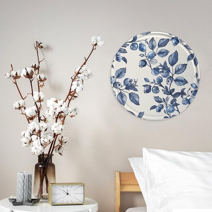 Wall Picture, with Blueberry Flower Pattern Printed Circular Iron Hanging Picture,Wall Art Decor,Home for Bedroom Living Room Bathroom Decor,Iron Painting 11.8X11.8 in