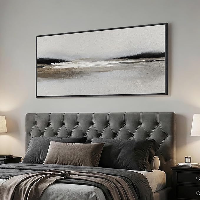 Large Framed Abstract Wall Art for Living Room, Horizontal Black and White Landscape Canvas Prints Paintings Artwork for Walls, Neutral Modern Minimalist Pictures Wall Decor for Bedroom Office 30x60
