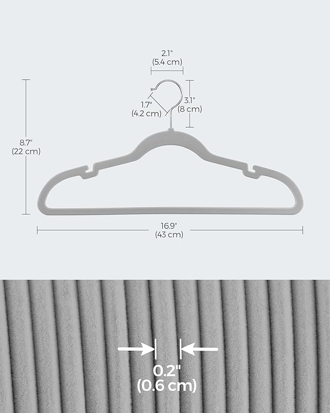 SONGMICS Velvet Hangers 50 Pack, Non-Slip Clothes Hangers, Suit Hangers with Shoulder Notches, Pants Bar, 360° Swivel Hook, Space-Saving, for Closet, Dove Gray UCRF029G50