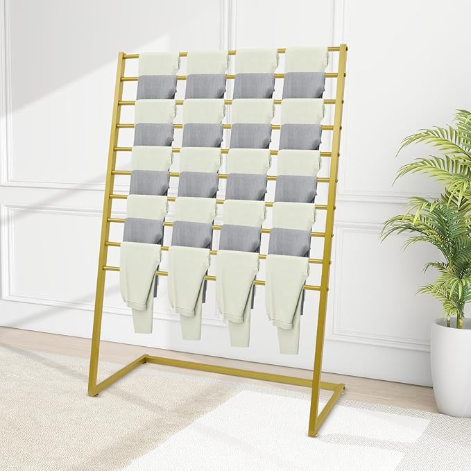 10 Tier Metal Scarf Organizer Holder, Freestanding Scarf Rack, Scarf Holder Organizer for Commercial Clothing Retail Store Towel Rack Ties Belt Pants Hanging (Gold, 39.37 * 15.75 * 57.09in)