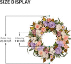 22 Inch Vintage Floral Wreath - Artificial Purple Pink Rose, Peach Dahlia, Hydrangea & White Berry with Boxwood, Lamb's Ear, Willow Eucalyptus, Indoor Outdoor Farmhouse Front Door Decor