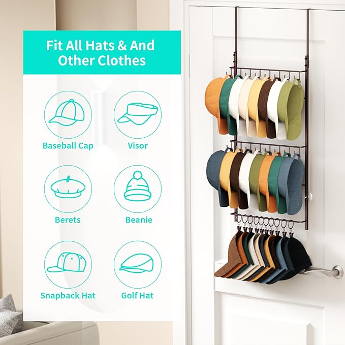 HapiRm Over Door Hat Rack - 3 Tier Wall Mounted Hat Organizer with 16 Hooks and 10 Movable Clips, Cap Hanger Storage up to 26 Caps for Door, Bedroom, Closet USPTO Patent Pending