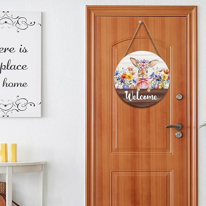 Hello Spring Easter Bunny Rabbit Sign for Front Door 12”x12” Summer Welcome Easter Wood Door Hanger for Outdoor Outside Porch Farmhouse Flowers Wooden Wreath Indoor Outdoor Wall Hanging Decoration