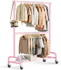 MISSLO Heavy Duty Clothing Racks for Hanging Clothes Rack Double Rod Garment Rack Rolling Closet Wardrobe Rack on Wheels, Metal, Adjustable (Pink)