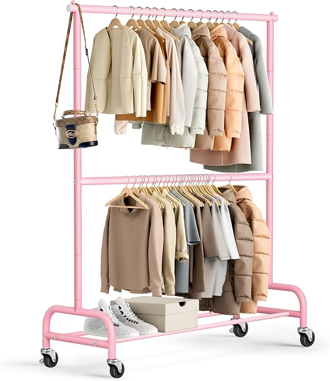 MISSLO Heavy Duty Clothing Racks for Hanging Clothes Rack Double Rod Garment Rack Rolling Closet Wardrobe Rack on Wheels, Metal, Adjustable (Pink)