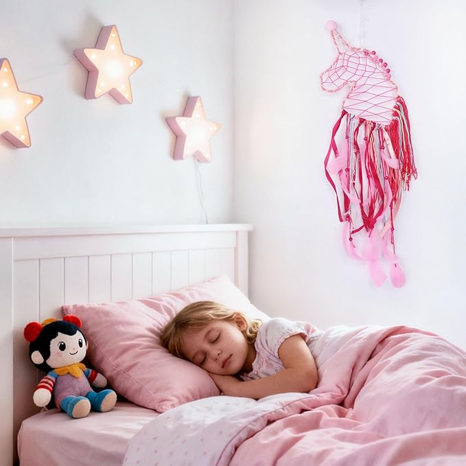 Pretty Jolly Unicorn Dream Catchers for Little Girls Bedroom Handmade Kids Dreamcatcher with Fluffy Pom Poms Feathers&Beads,Nursery Wall Decor for Toddler Girls Room,Children Birthday Gift(Pink)