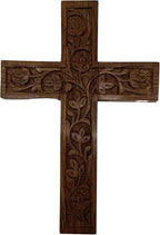 IBLAY Hand Carved Wooden Wall Cross – Rustic Christian Cross Wall Decor, Handmade Floral Carving Crucifix for Home, Living Room, Bedroom, Church & Prayer Room, Religious Gift (9 X 6 Inch)