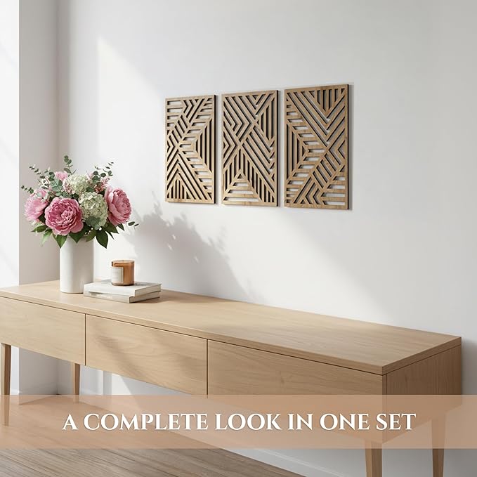 qmmp Modern Wooden Wall Sculptures - Set of 3 - Home Decor Accent - Large Wall Art for Living Room, Bedroom, Office - Easy Installation (Oak, Medium - Direction)