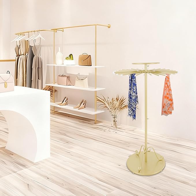 Scarf Display Stand 30-Arm Scarf Holder Organizer Freestanding Scarf Hanger 360° Rotating Rack for Home and Clothing Store (Gold, 30 Rods)
