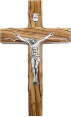 Zuluf 6.3" Olive Wood Catholic Cross with Silver Plated Crucifix Christian Gift from Holy Land Bethlehem CRS065
